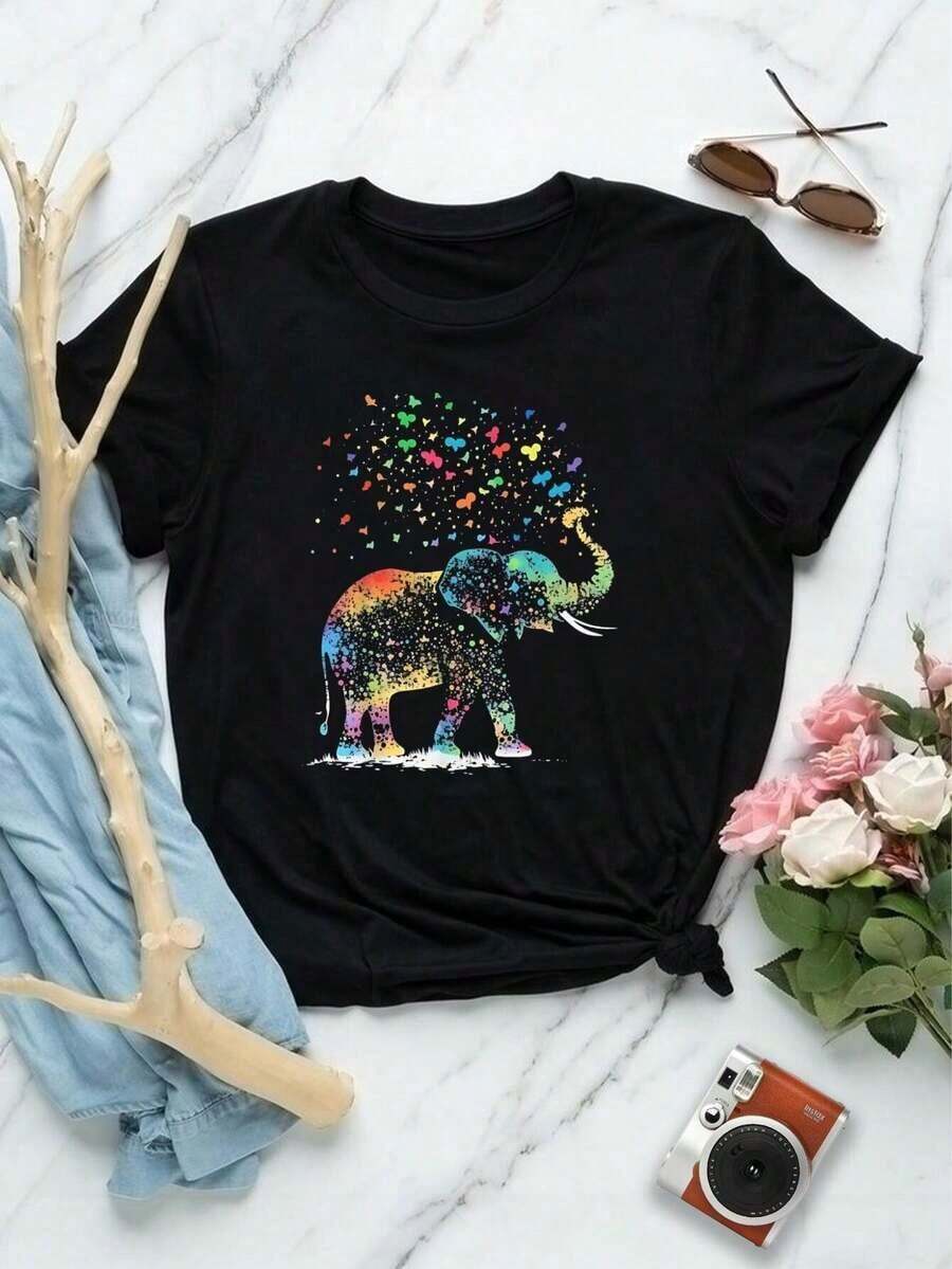 Women's Black Elephant T-Shirt With Rainbow Butterfly Print - Shop Now! Adorable Graphic Tee, Gift For Animal Lovers, Stylish And Comfortable Cotton Top, Short Sleeve, Casual T-Shirt For Women Y2k T-Shirt Shirt - 黑色 - 查看 1