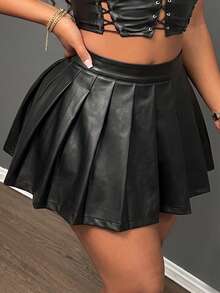 Plus Size Black Coated Fabric Pleated Mini Skirt For Women, Medium Stretch - Black - View 4