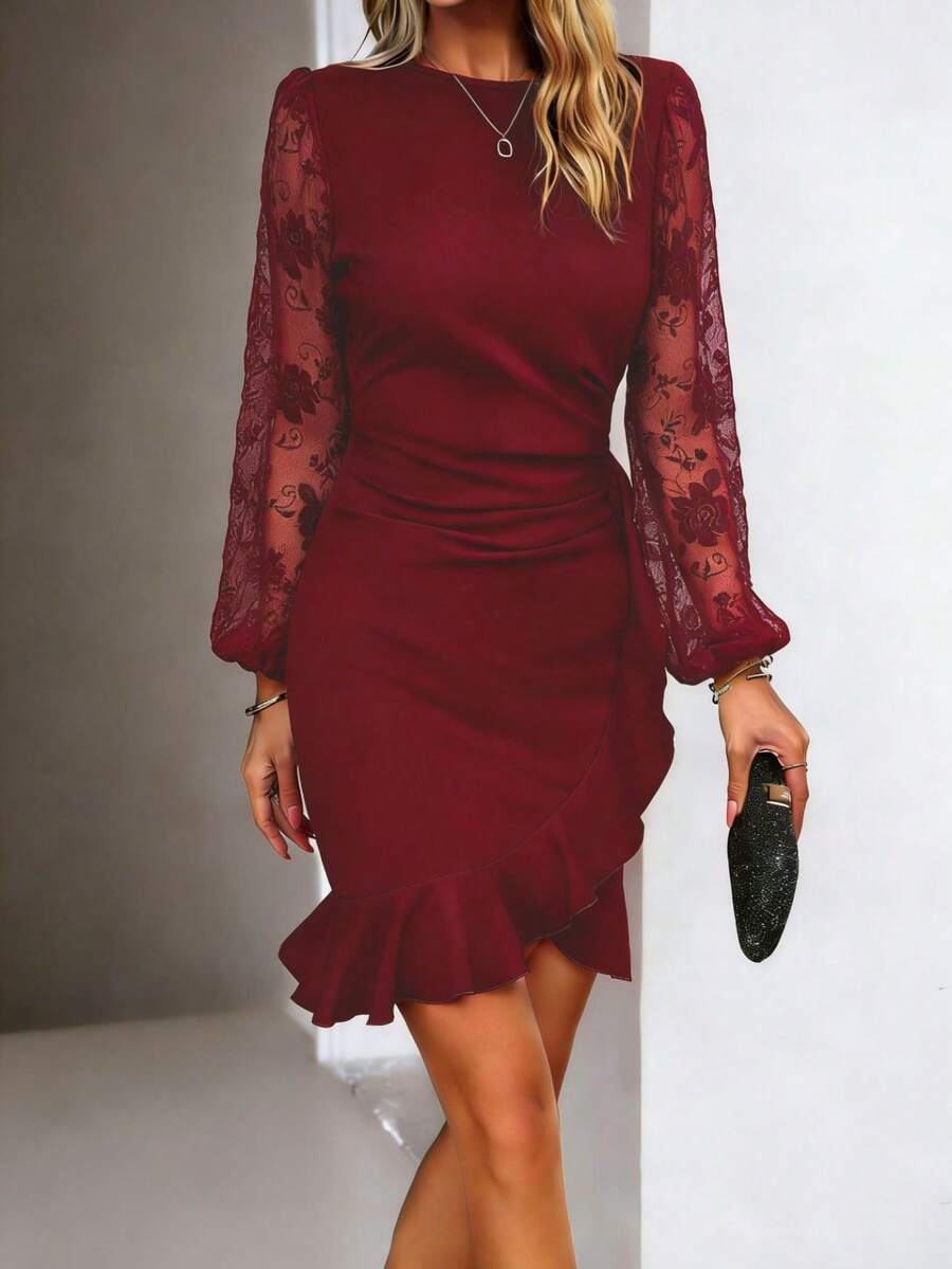 Vestido de encaje nuevo para mujer, de moda, mangas abullonadas, diseño favorecedor, perfecto para looks casuales, citas y ocasiones especiales - Burdeos - Ver 1