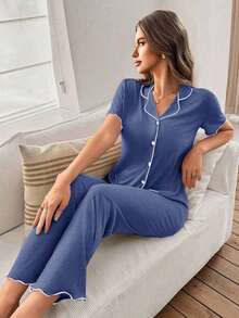 Mono de verano de punto ligero y suelto con volantes, de tela roja, de estilo casual y holgado para mujer - Azul marino - Ver 3