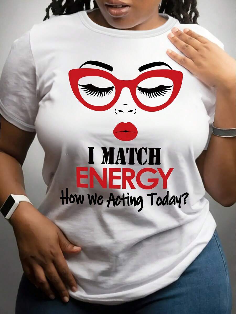 Camiseta de algodón de manga corta para mujer, camiseta estampada casual de moda para mujer, elastano, cuello redondo con ligera elasticidad, estampado de alfabeto de gran tamaño, manga corta - Top de punto para todas las estaciones. - Blanco - Ver 1