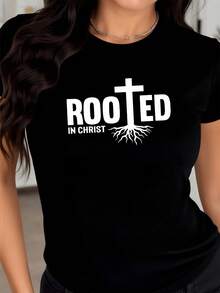 Cruz con raíces que simbolizan fortaleza espiritual y conexión profunda con la fe cristiana recordando que la verdadera fuerza nace del interior camiseta de mujer casual moderna cómoda - Negro - Ver 1