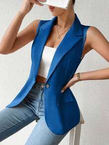 Blazer sin mangas de estilo elegante de color verde oliva para mujer, chaleco casual con solapa y botón en tela tejida lisa, corte regular - Azul 2 - Ver 6