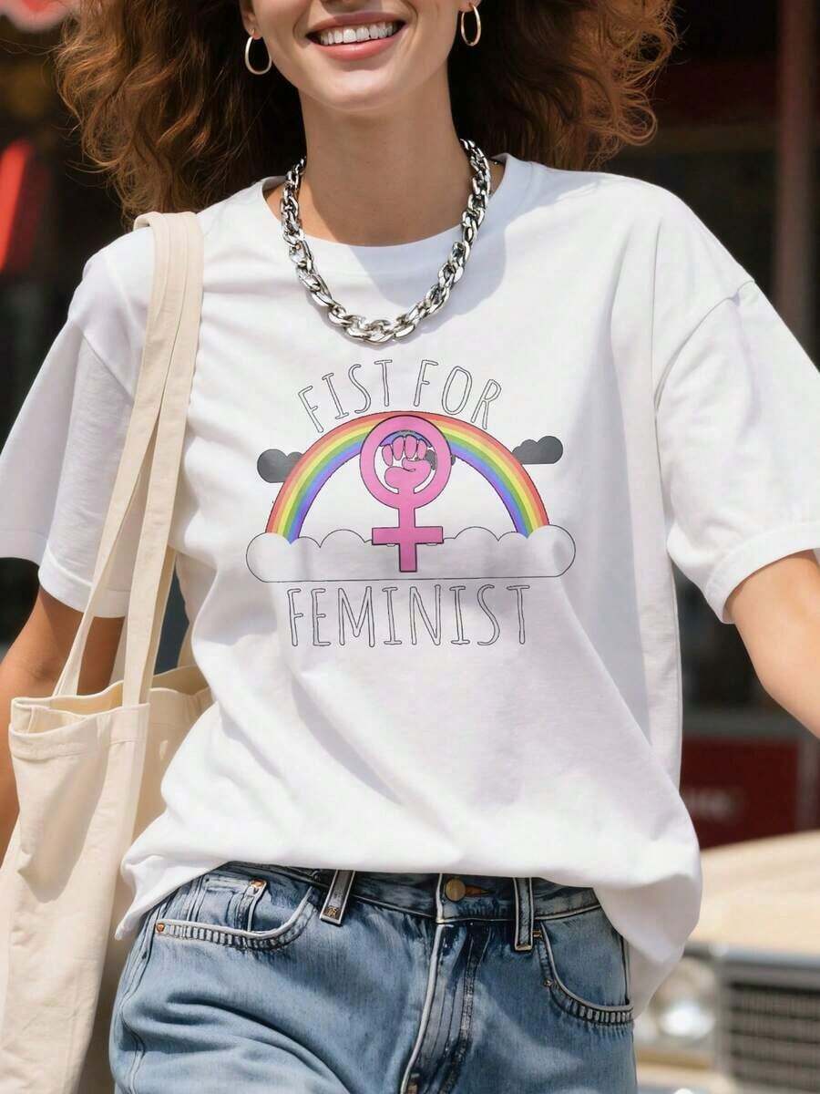 Estampado Gráfico Camiseta Mujer Algodón Ligera VeranoFist-For--Girl-Power-Women-Empowerment-Inspiring-T-ShirtOversize Camiseta Mujer Estampado 100% Algodón Puro - Blanco - Ver 1