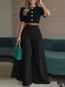 Nueva ropa de mujer moda y temperamento casual elegante blusa corta y traje de pantalones de dos piezas - Negro - Ver 1