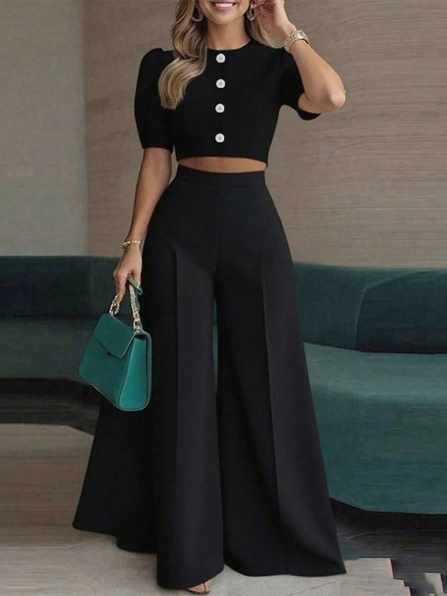 Nueva ropa de mujer moda y temperamento casual elegante blusa corta y traje de pantalones de dos piezas - Negro - Ver 1