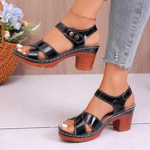 Summer Open Toe Sandals, Vintage PU Leather Rivet Embellished Chunky High Heel Bare Strap Design, Party Wear For Spring & Summer - Black - View 8