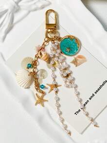 Ocean Style Seashell & Pearl Keychain, Starfish Conch Bag Charm, Beach Vacation Accessory - Multicolor - View 3