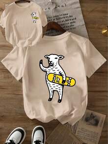 Camiseta de manga corta con estampado de oveja en dos caras, estilo casual, cuello redondo, ropa suave para mujer. - Albaricoque - Ver 1