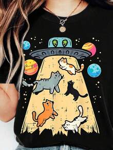 Camiseta de manga corta de corte regular para mujer de talla grande, con estampado de gato cósmico y OVNI, cuello redondo, alta elasticidad y comodidad casual para el verano. - Negro - Ver 7