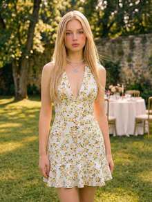 Vestido mini casual, de vacaciones, de estilo retro, con escote en V profundo y estampado de lunares blanco y negro - Amarillo - Ver 6
