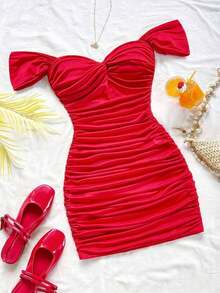 Vestido mini ajustado de punto rojo con hombros descubiertos para mujer, diseño con espalda calada, adecuado para vacaciones, citas, té de la tarde, temporada de bodas, playa, crucero, vacaciones en la ciudad, vacaciones bohemias, festivales de - Rojo - Ver 4