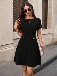 Vestido mini elegante y chic de mujer con unicolor, decoración de botones y encaje en la cintura, para el verano - Negro 2 - Ver 9