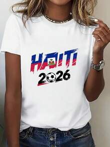 Soft, 100% Cotton, One-Piece Women's T-Shirt With A Crew Neck And Print. Part Of The USA-Mexico Clothing Series, This Energetic, Crew-Neck T-Shirt Features A 2026 Haiti Print And Is Perfect For Everyday Wear. Ideal For Soccer Fans And Cheerleaders. This New, Breathable Cotton T-Shirt Is Ideal For Spring/Summer, Easily Paired With Anything, And Stays Cool And Comfortable. - 白色 - 查看 6