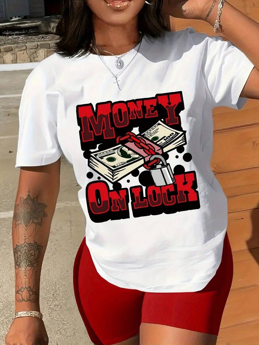 Women's Casual Summer T-Shirt With Dollar Print, Round Neck, Short Sleeve, Women's Clothing - 白色 - 查看 1