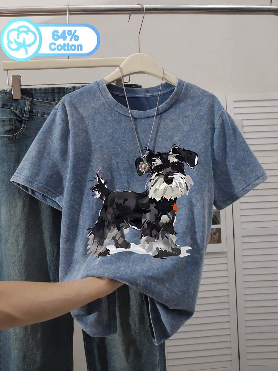 大尺碼女款日常T恤,西高地犬印花圓領短袖,休閒夏季水洗棉針織上衣,圖案女款T恤 - 藍色 - 查看 1