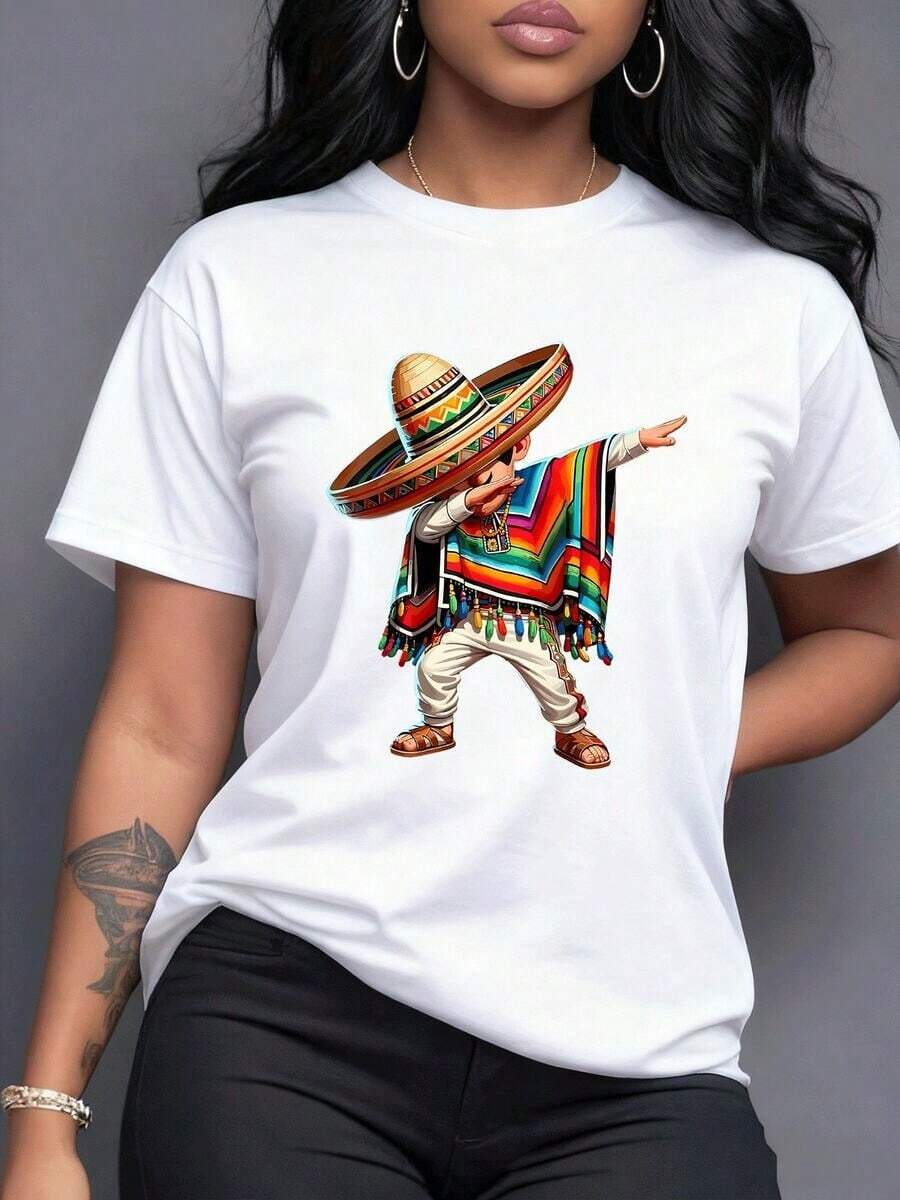 The Vibrant Folkloric Figure With A Hat And Colorful Serape Symbolizes Cultural Joy And Festive Celebration. This 100% Cotton Women's T-Shirt Represents Passion And Happiness, Uniting Tradition And Modernity In Your Wardrobe. - 白色 - 查看 1