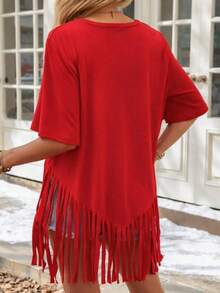 Women's Solid Color Round Neck Short Sleeve Casual Loose Shirt With Fringe Hem - Red - View 2