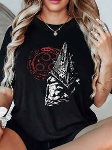 UniSilent Hill Women's Vintage Urban Style T-Shirt, 1 Unit, 220 Grams, Women's Casual Gothic T-Shirt With Round Neck And Pyramid Head Print Design, 100% Cotton T-Shirt With Digital Print, 100% Breathable Cotton - 黑色 - 查看 9
