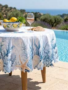 1 Pack Coastal Ocean & Seashell Printed Tablecloth, Blue Coral Starfish Pattern Polyester Table Cover, Nautical Beach Style Round/Oval Tablecloth, Scalloped Edge Wrinkle Resistant Waterproof Anti-Stain Table Protector, Reusable Dustproof Heat Resistant Outdoor Table Sheet - Multicolor - View 6