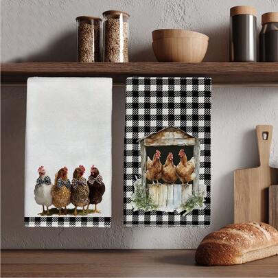 Conjunto de 2 panos de prato com estampa de galinhas, estilo fazenda americana, fundo xadrez, formato retangular, microfibra super macia. Também podem ser usados como panos de prato, panos de limpeza, toalhas de mão, panos de cozinha, toalhas de chá, decoração de cozinha, presente de boas-vindas, presente de aniversário, lenços umedecidos para limpeza de banheiro e toalhas decorativas.