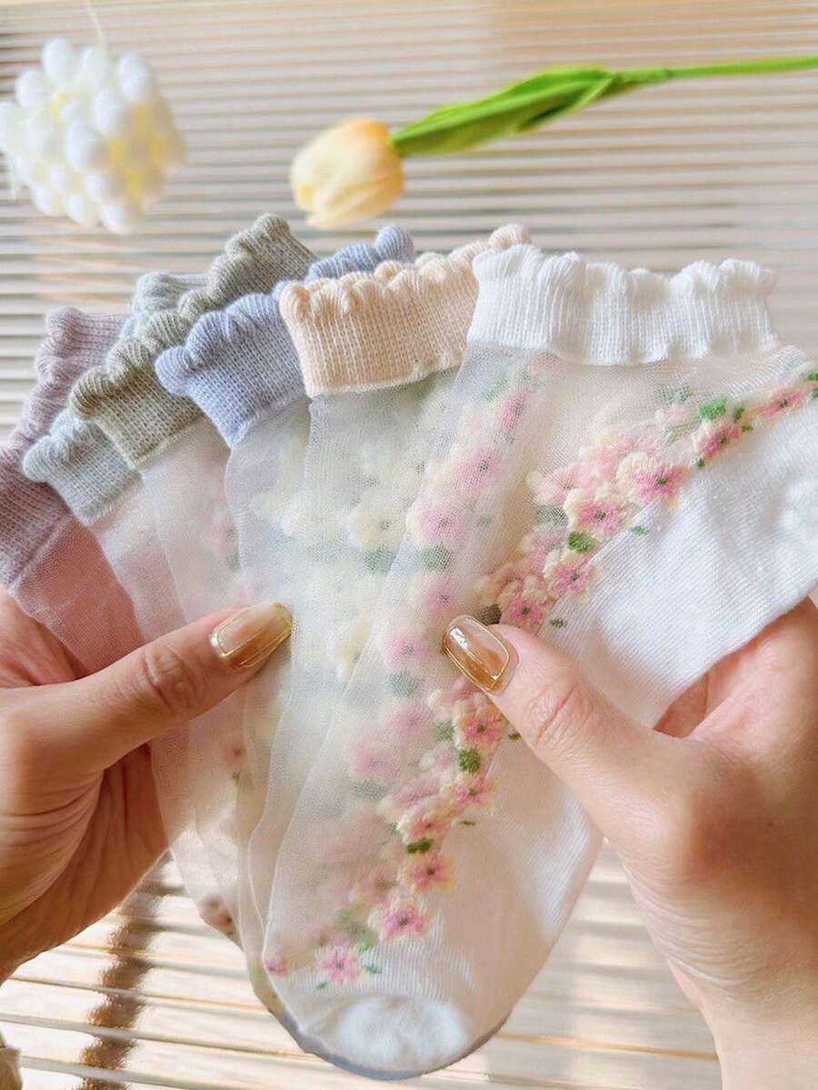 Women's Transparent Glass Silk Floral Print Ruffle Trim Low-Cut Socks, Ultra-Thin Breathable Casual Socks For Summer Daily Wear - Multicolor - View 1