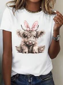 [Highland Cow Print T-Shirt] Soft And Casual Women's T-Shirt With A Highland Cow Print - Crew Neck, Short Sleeves, Loose Fit, Suitable For Summer Parties And Everyday Wear. Unisex Printed Short-Sleeve T-Shirt For Summer 2026, 220g Pure Cotton. - 黑色 - 查看 1