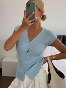 Cárdigan casual de verano para mujer, de unicolor, ajustado, de cuello en V, elástico y delgado - Azul - Ver 1