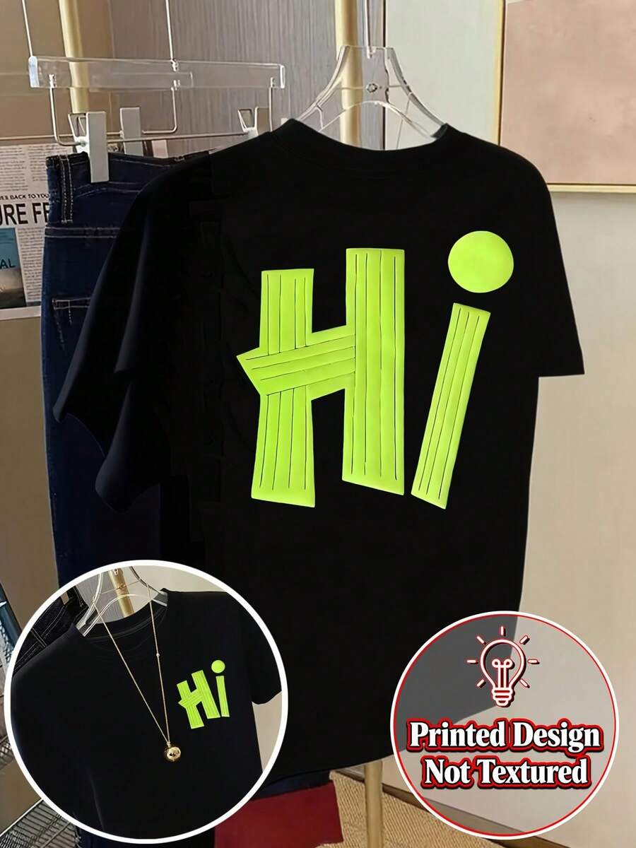 Hola, Camiseta de manga corta con estampado verde neón, cuello redondo, top casual para verano y primavera, ropa de mujer - Negro - Ver 1