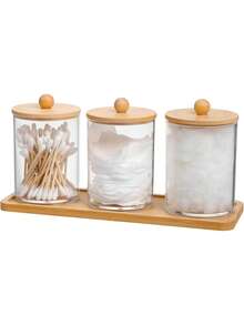 Bathroom Vanity 3 Piecesacrylic Wipes And Cotton Pad Storage Set With Bamboo Lid - Transparent Plastic Cotton Swabs And Cotton Pad Storage Box With Bamboo Tray. - Multicolor - View 2