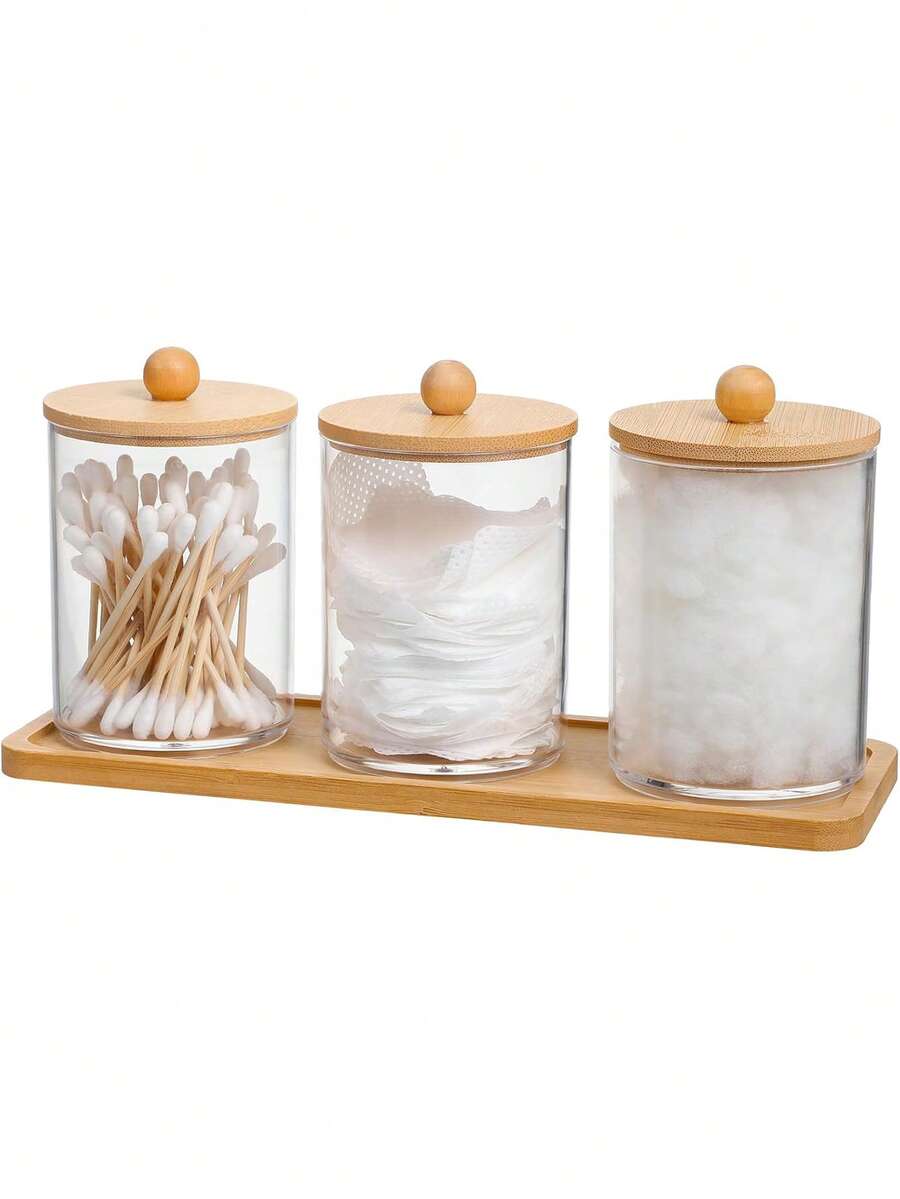 Bathroom Vanity 3 Piecesacrylic Wipes And Cotton Pad Storage Set With Bamboo Lid - Transparent Plastic Cotton Swabs And Cotton Pad Storage Box With Bamboo Tray.