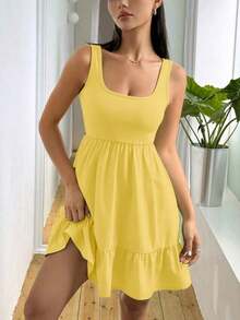 Vestido sin mangas de mujer con dobladillo de volantes, parches de color liso y textura acanalada - Amarillo - Ver 4