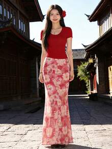 YeonC 女士波西米亚风印花修身长裙，撞色网纱细节，高弹涤纶面料，适合海滩度假穿着 - 紅色 - 查看 5