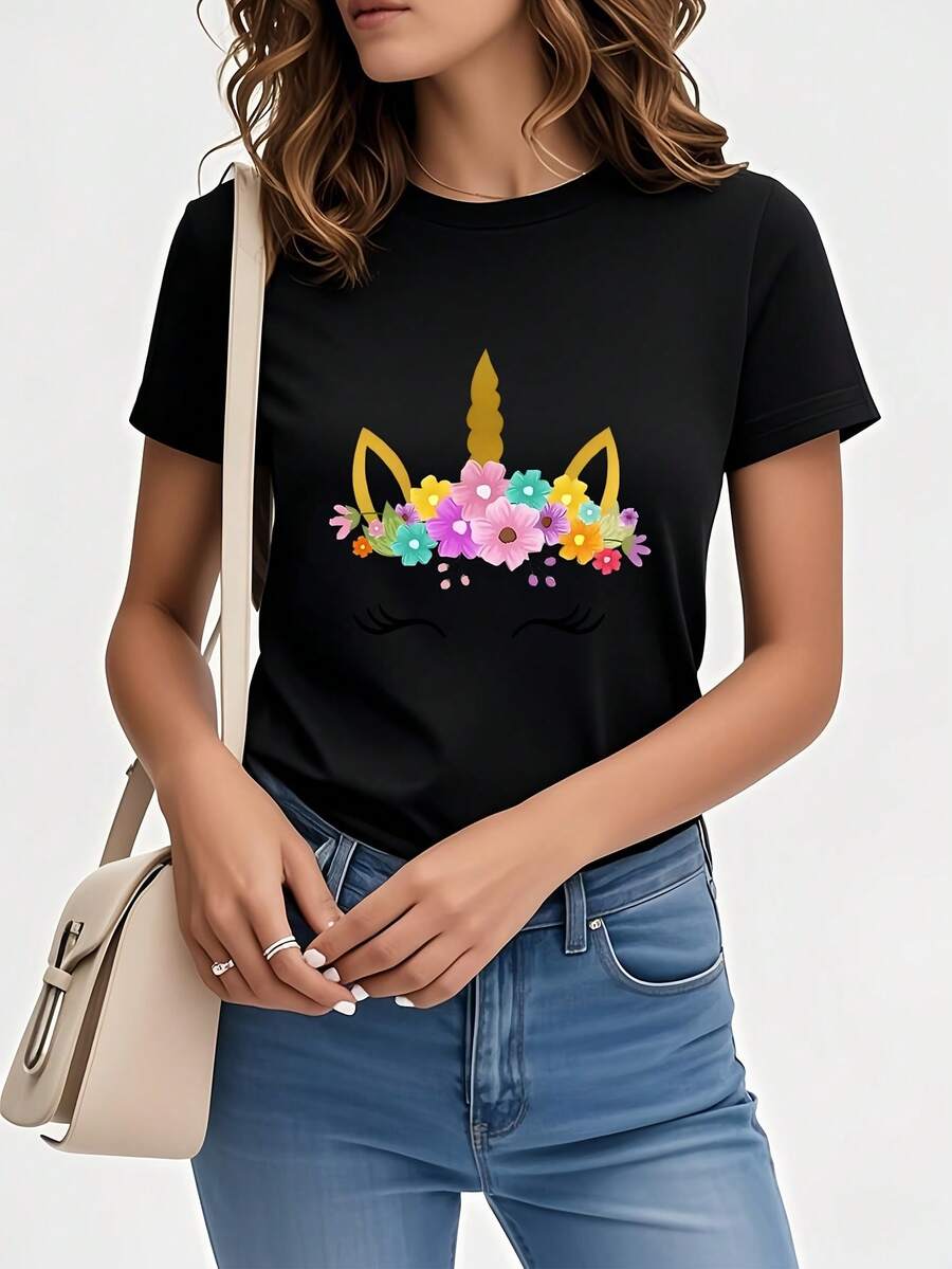 Unicorn And Flower Print T-Shirt, Short Sleeve, Round Neck, Women's Clothing, Sweet And Feminine Style, Versatile Casual Garment, Suitable For Daily Work, Parties And Dates, Birthday Gift, Pure Cotton Printed T-Shirt For Women. - 黑色 - 查看 1