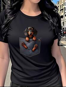 Dachshund Print T-Shirt, Short Sleeve, Round Neck, Women's Clothing, Casual, Versatile, Fashionable, Suitable For Daily Wear, Parties, Travel, Pure Cotton T-Shirt For Women. - 黑色 - 查看 7