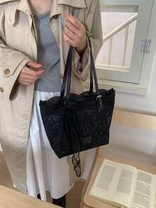 Dedoo 蕾丝小巧设计，清新文艺风手提包，饰以蝴蝶结，时尚简约休闲，大容量，极具吸引力，可作女士单肩包、优雅女士腋下包使用，适合度假、海滩、通勤、日常搭配、摄影、馈赠等场合。 - 黑色 - 查看 8