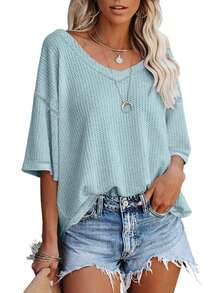 Nuevo top de camiseta mujer verano 2026, cuello en V, mangas de murciélago, textura waffle, suelto y color sólido. - azul claro - Ver 6