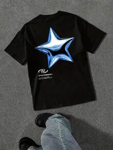 Men's Classic Short-Sleeved T-Shirt, Breathable, With Heat Transfer Blue Star Print, Casual Black Fitness T-Shirt, Suitable For The Gym And Daily Wear, Stylish Sporty Style, Durable Fabric, Summer T-Shirt. - 黑色 - 查看 6