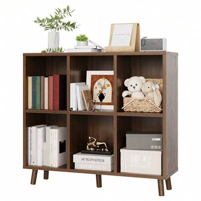 Moderno organizador de estantería de 6 cubos - estantería de madera abierta de 2 niveles para oficina en el hogar, sala de estar, dormitorio - estantería de pantalla de almacenamiento independiente, e