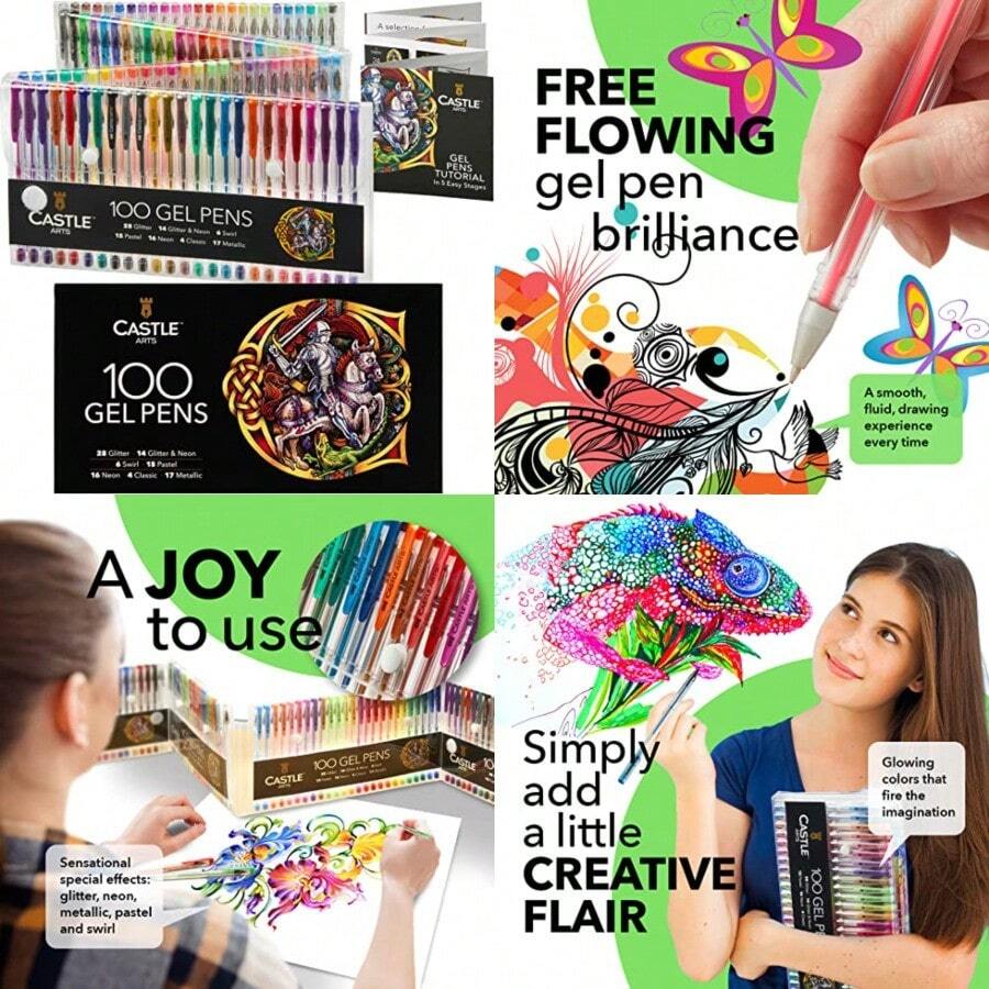 Castle Art Supplies 100 Gel Pen Set with Case for Or Adult Coloring Books Drawing Scrapbooking Writing - Kit Includes Swirl Pastel Metallic Glitter and Neon Smooth Fine Tip Gels - Multicolor - Ver 1