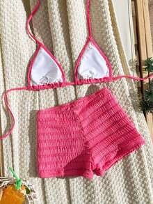 Nuevo conjunto de 2 piezas de traje de baño de verano para mujer con pantalón de pierna recta, top halter con estampado de tela texturizada multicolor con decoración de estrellas de mar, para vacaciones en la playa - Rosa Fucsia - Ver 3
