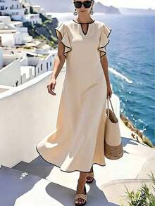 Holidaya Vestido largo de mezcla de lino color albaricoque con ribete de contraste negro, cuello en V, dobladillo con volantes, mangas oversize para mujeres - Albaricoque - Ver 3