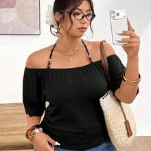 Plus Size Women's Off-Shoulder Black T-Shirt With Beaded Tie Design - Caqui - Ver 6