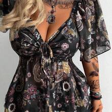 Whyspr Plus Size Square Collar Cinched Waist Asymmetric Hem Blouse - Multicolor - Ver 8