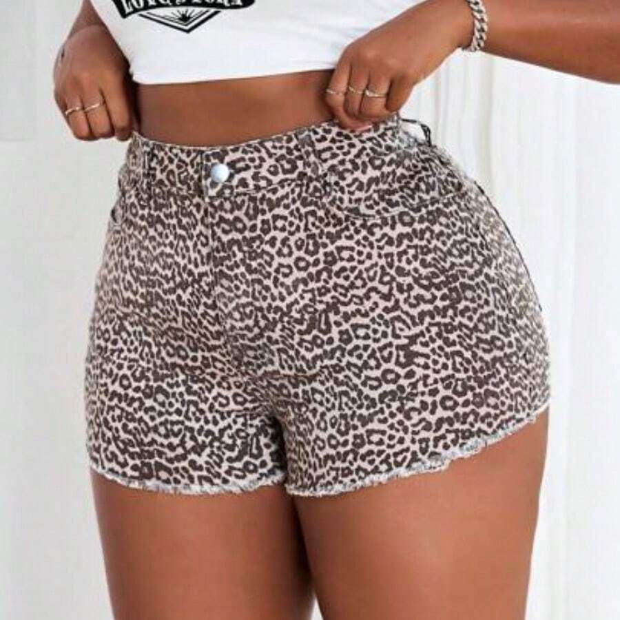 ICON Plus Size Women's Fashion Tiger Stripe Washed Frayed Hem Denim Shorts - Multicolor - Ver 1