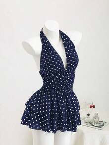 Vestido mini ajustado con cuello en V profundo y espalda descubierta con estampado de lunares negros y blancos y volantes en el bajo, elegante, romántico, bohemio, sexy y casual, versátil vestido de verano para mujer - Azul marino - Ver 3