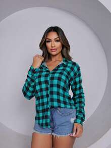 Women's Checkered Shirt In Crepe Fabric – Comfort And Style (Sizes M To XXL) - Green - View 3