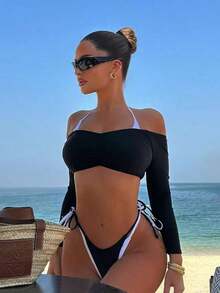 Conjunto de 3 piezas de traje de baño negro y blanco para mujer, conjunto de traje de baño casual y sexy de 3 piezas para resort de playa, conjunto de traje de baño de 3 piezas para mujer, Bottom de traje de baño para mujer, conjunto de playa negro y blanco para mujer - Blanco y Negro 2 - Ver 2