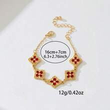 1pc Retro Fashion Four-Leaf Clover Bracelet, Personalized Design Jewelry, Palace Style Four-Leaf Clover Pendant Bracelet - Red - View 4