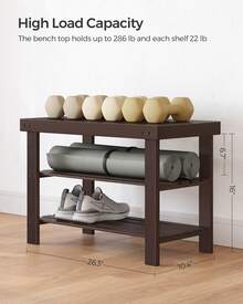 SONGMICS Shoe Rack Bench, 3-Tier Bamboo Shoe Storage Organizer, Entryway Bench, Holds Up To 286 Lb, 11.3 X 27.6 X 17.8 Inches, For Entryway Bathroom Bedroom - 棕色 - 查看 3